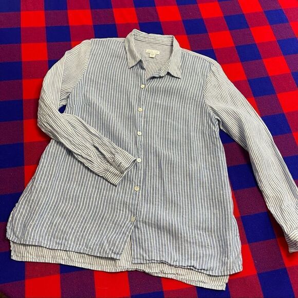 J. Jill Love Linen Blue White Stripe Button Up Shirt Size Small Petite Small - Picture 6 of 11